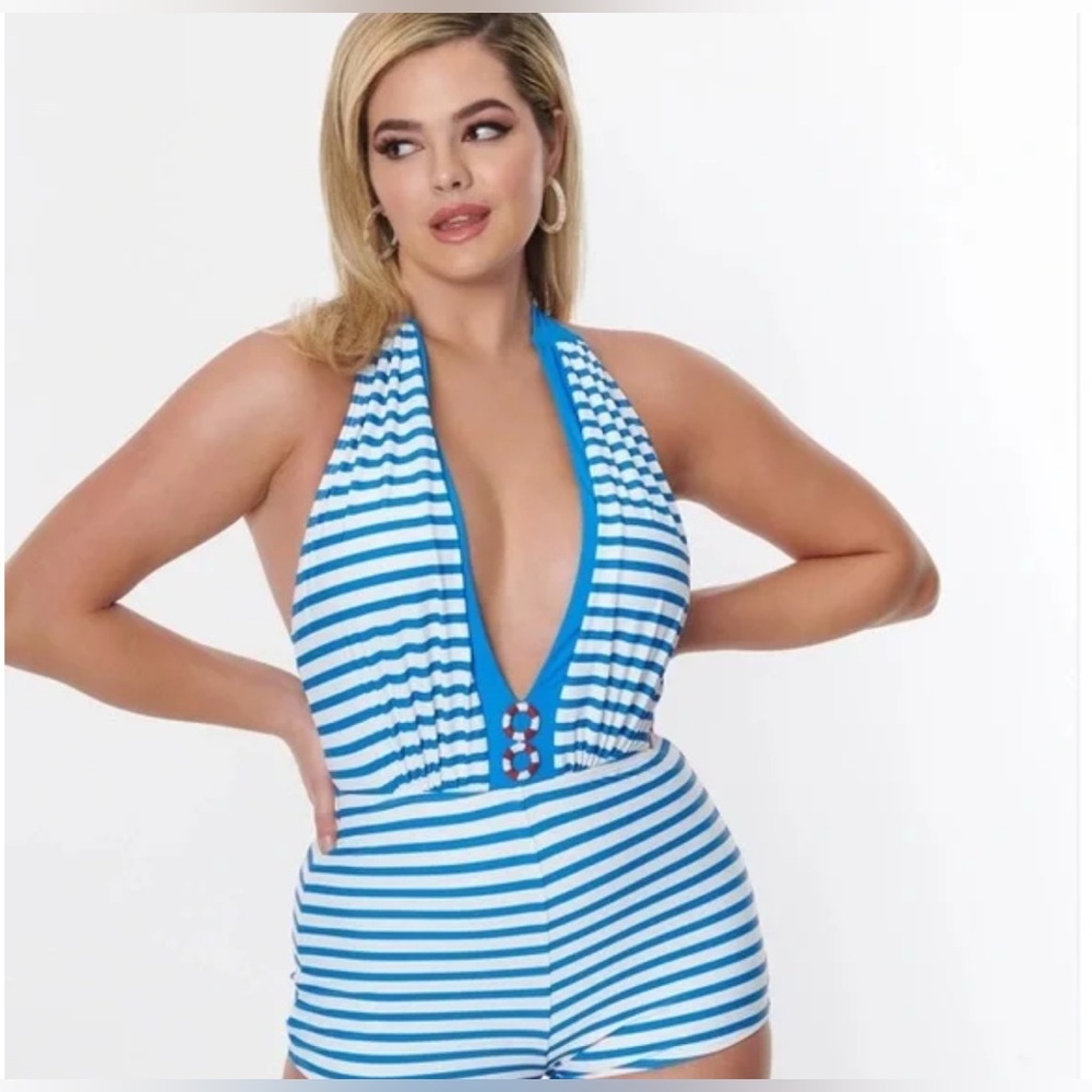 Unique Vintage Retro One Piece Swimsuit Blue/Wh Stripe 1X Rare Sailor Nautical